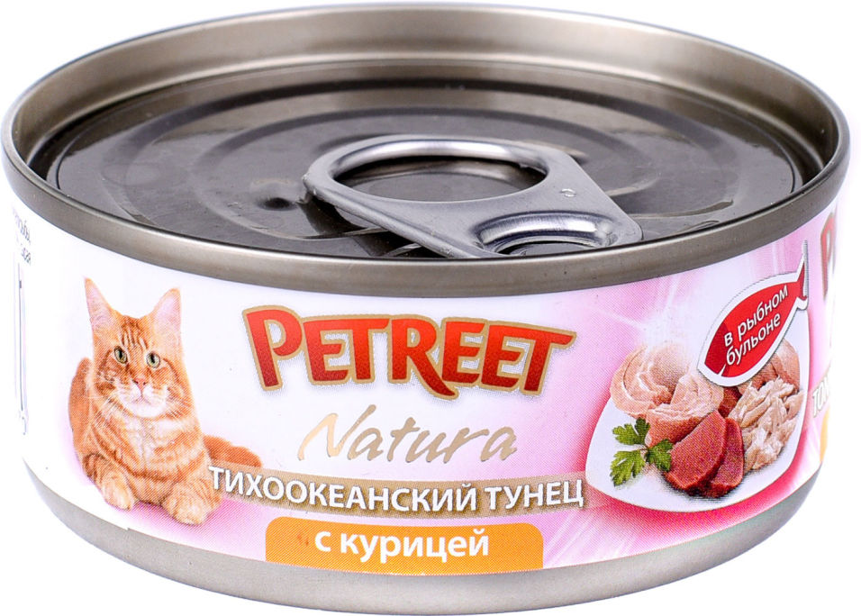 Корм для кошек Petreet консервы кусочки тихоокеанского тунца с курицей в рыбном бульоне 70г (упаковка 12 шт.)