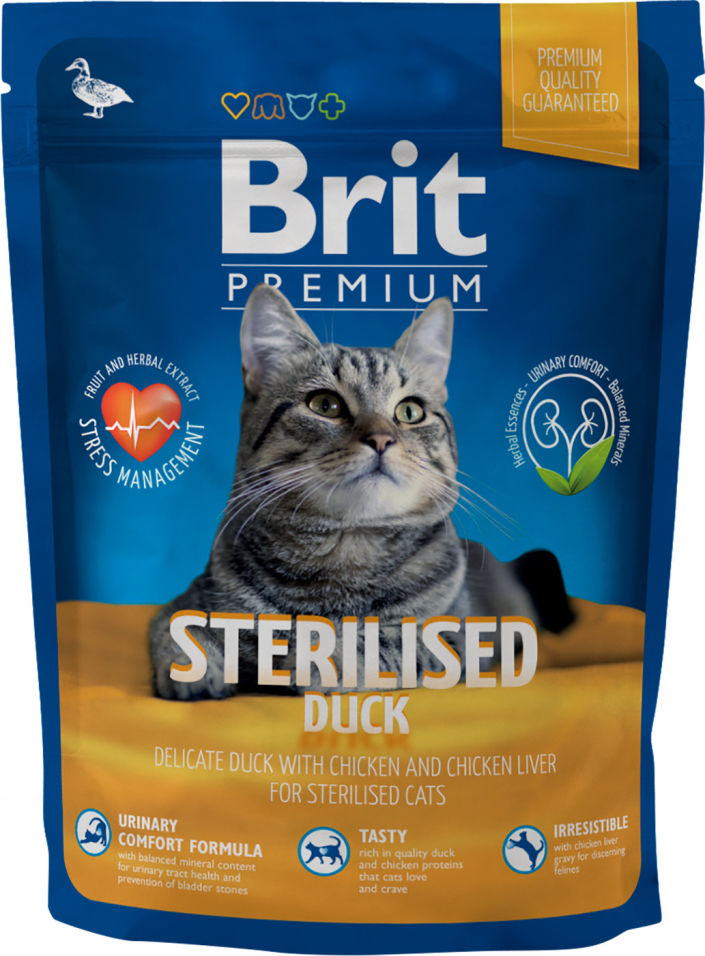 Сухой корм для стерилизованных кошек Brit Premium утка и курица 300г