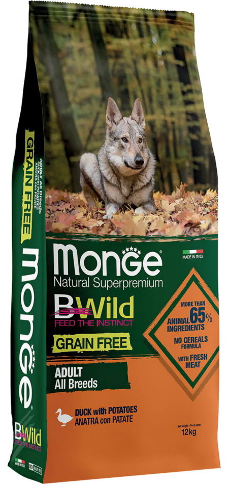 Сухой корм для взрослых собак Monge Dog BWild Grain Free беззерновой из утки с картофелем 12кг