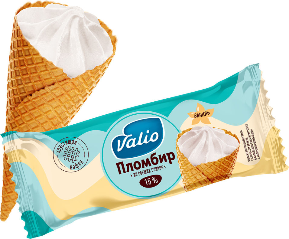 Мороженое Valio пломбир с ароматом ванили в вафельном сахарном рожке с молочным шоколадом  90г