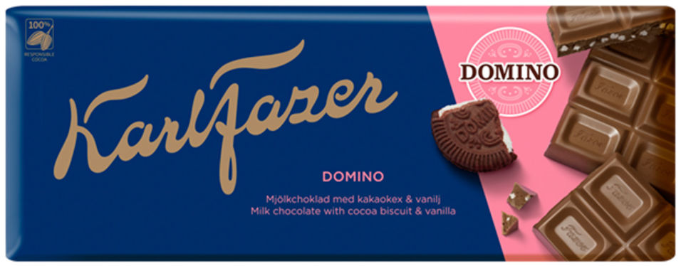 Шоколад Fazer Domino с печеньем из какао и крошкой со вкусом ванили 195г