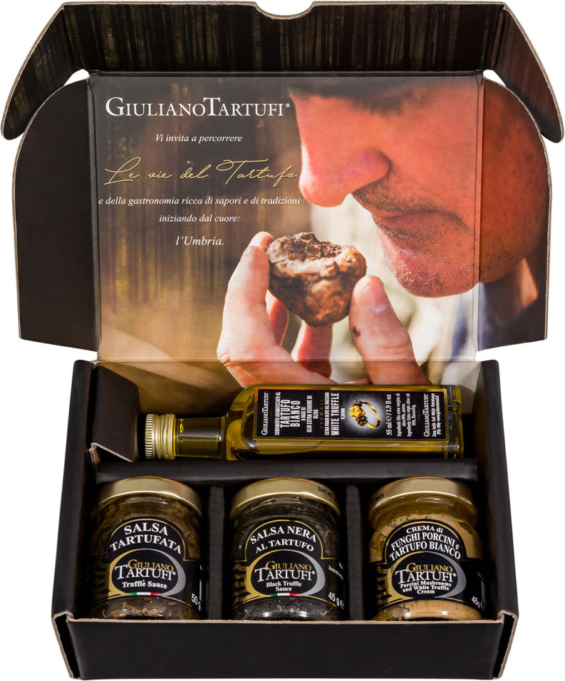 Набор Giuliano Tartufi Соус сальса тартуфата 50г +Крем трюфельный 45г +Соус сальса нера аль тартуфо 45г +Масло оливковое