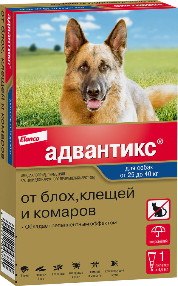 Капли для собак Bayer Адвантикс 25-40кг от блох и клещей 1 пипетка*4мл