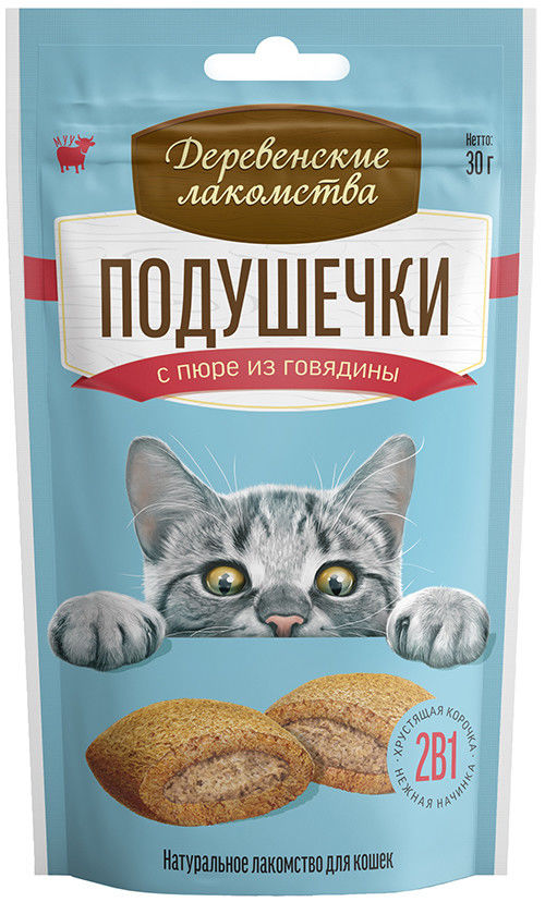 Лакомство для кошек Деревенские лакомства Подушечки с пюре из говядины 30г Лакомство для кошек Деревенские лакомства Подушечки с пюре из говядины 30г