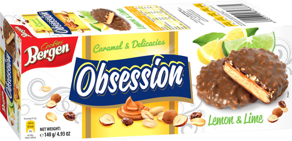 Печенье Bergen Obsession Лимон с карамелью в молочном шоколаде 140г