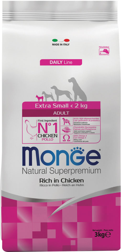 Корм для собак Monge Dog Extra Small для миниатюрных пород с курицей 3кг Корм для собак Monge Dog Extra Small для миниатюрных пород с курицей 3кг