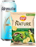 Набор Напиток Adrenaline Rush энергетический без сахара 449мл + Чипсы Lays Nature Средиземноморские травы 90г Набор Напиток Adrenaline Rush энергетический без сахара 449мл + Чипсы Lays Nature Средиземноморские травы 90г